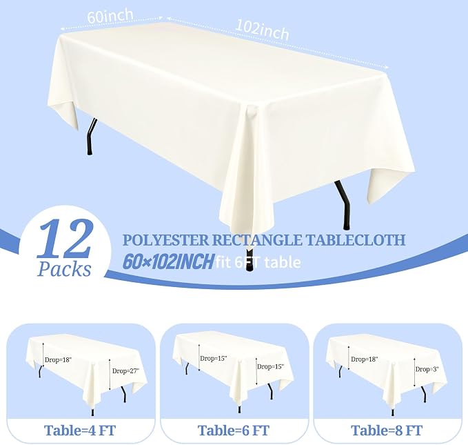 Pesonlook 12 Pack Ivory Polyester Tablecloth-60 x 102 Inch Ivory Rectangle Tablecloth for 6 Ft Rectangle Tables,Washable Fabric Table Cover for Wedding/Buffet Party/Dining Table/Events