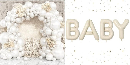 Cream BABY Letter Balloons & Pearl White Double-Stuffed Balloons Arch for Baby Shower Anniversary Birthday Party Decorations