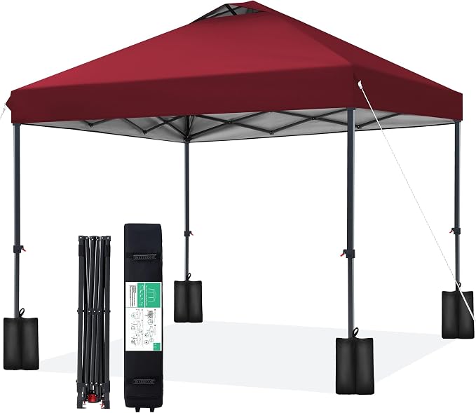 JEAREY 10x10 ft Pop Up Canopy Tent, Heavy Duty Outdoor Canopy with 1-Push Instant Setup, Commercial Tent with Roller Bag, 4 Sandbags and 8 Stakes, Water-Resistant, Red