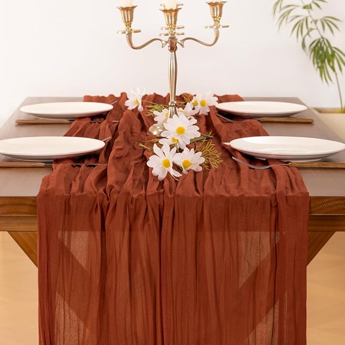 Socomi Terracotta Summer Fall Cheesecloth Table Runner Boho Rustic Farmhouse Gauze 120 inch 10FT Cheese Cloth Sheer Runner for Wedding Party Baby Shower Birthday Home Decor Holiday Decorations