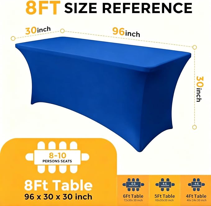 Spandex Tablecloth 6 Pack, 8FT Royal Blue Fitted Table Covers for 96 x 30 in Rectangle Tables, Washable Stretch Table Cloths for Trade Shows, Weddings, Parties & Banquets