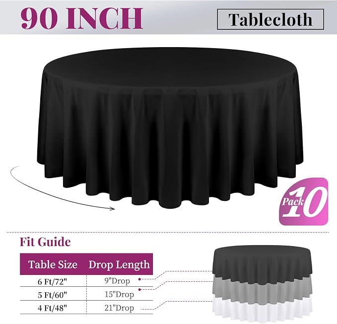 fani 10 Pack Black Round Tablecloth 90 Inch, Polyester Fabric Table Cloth for Round Table, Stain and Wrinkle Washable Table Cover for Wedding Party Dining Table Buffet Banquet Restaurant and Camping