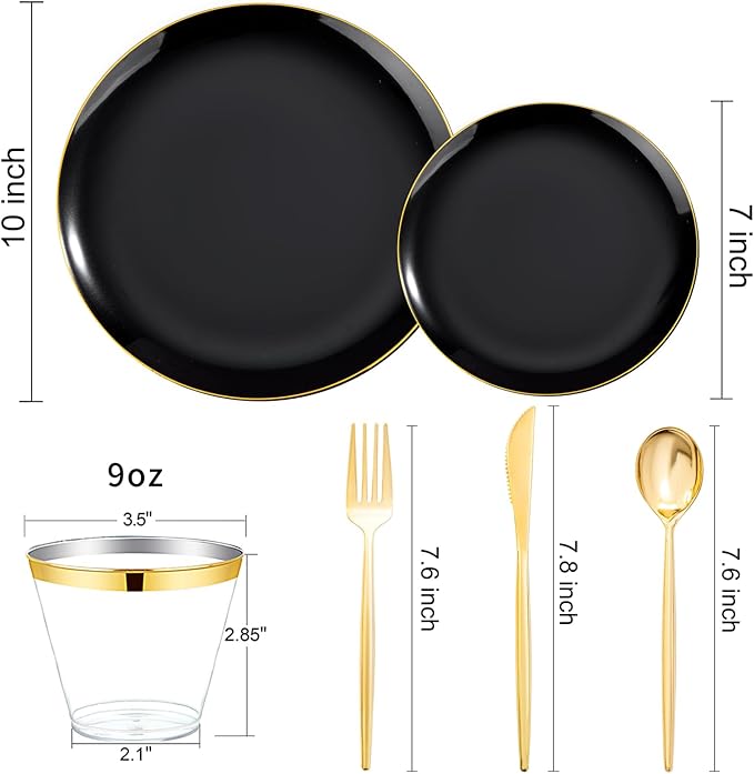 bUCLA 150PCS Black and Gold Plastic Plates - Black Gold Plastic Dinnerware Set Disposable - Include 25 Dinner / 25 Dessert Plates, 25 Knives, 25 Forks, 25 Spoons, 25 Cups, Ideal for Party & Graduation
