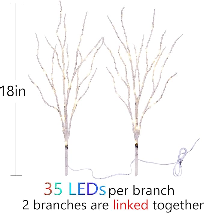 Fudios Lighted Birch Branches with 70 Multicolor LED Fairy Lights 18in Battery Operated, Lit White Twig Branches Color Changing Lights for Christmas Party Decoration