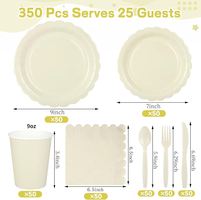350 Pcs Ivory Dinnerware Sets, 9" Party Plates, 7" Cream Dessert Plate, 9oz Cups & Cutlery, 50 Guest Beige Scalloped Disposable Plates Set for Baby Bridal Shower, Wedding, Birthday