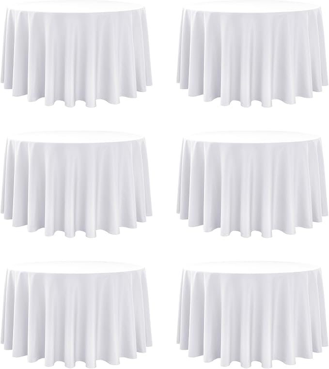 6-Pack White Round Tablecloths, 108 Inches, Stain-Resistant Polyester for 4-5 Ft Round Tables - Washable Table Covers for Weddings, Banquets, Birthday Parties, Events