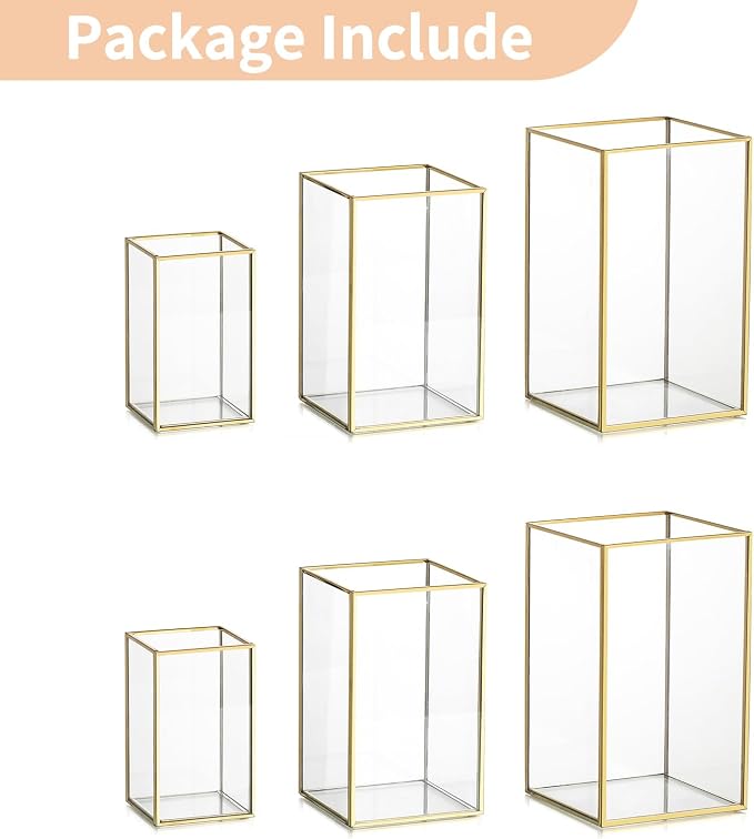 NUPTIO Hurricane Candle Holder Centerpieces: 6 Pcs Decorative Glass Candles Lantern with Gold Metal Frame Modern Pillar Candle Holders for Wedding Thanksgiving Anniversary Decor 8.1 & 6.5 & 4.7 inch