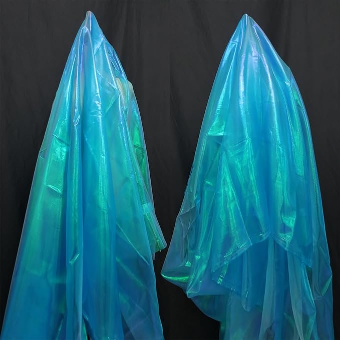 Sky Blue Iridescent Organza Fabric for Wedding & Halloween, 11 Yard Long, 59-Inch Wide, Perfect for DIY, Photography Scene Arrangement, and Personalized Clothing Production