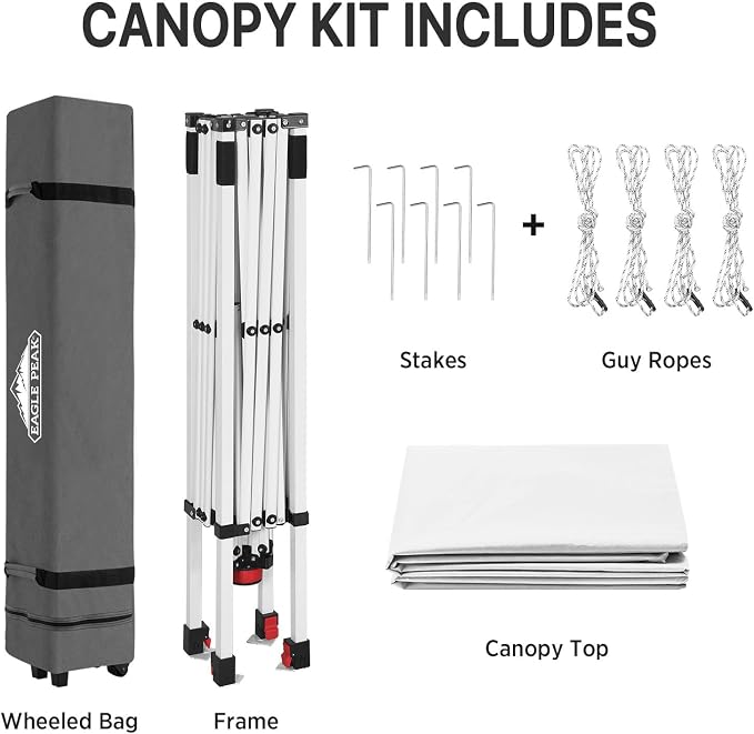 EAGLE PEAK Pop Up Canopy Tent with Wheeled Carry Bag, 8 Stakes, 4 Ropes, Easy Set Up Tent Canopy, 8x8 ft, White