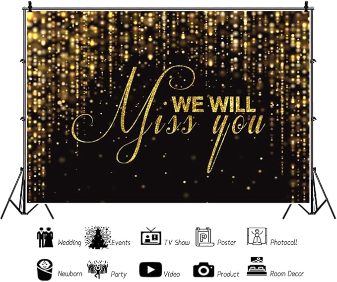 We Will Miss You Backdrop Banner 8x8ft Black Gold Going Away Party Photo Backdrop Background Men Women Goodbye Office Work Congrats Retirement Farewell Anniversary Graduation Party Decors