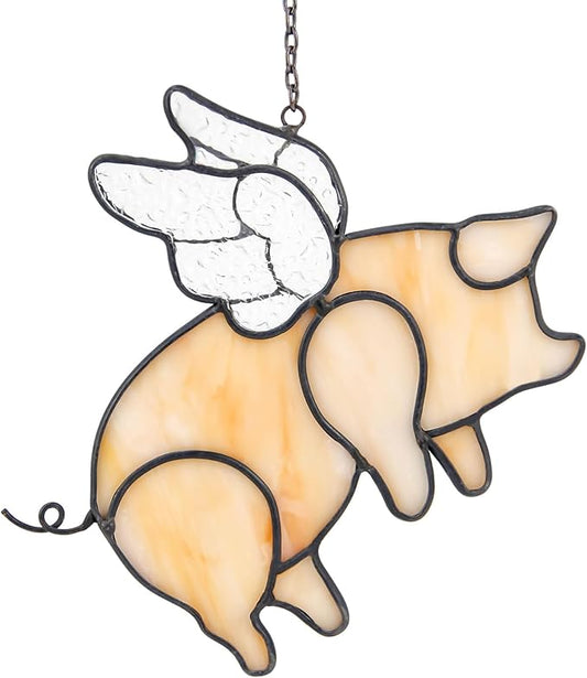 Flying Pig Suncatcher, Stained Glass Window Hanging Decor, Handmade Gift for Pig Lovers Women Mom - Funny Animal Party & Nursery Decoration