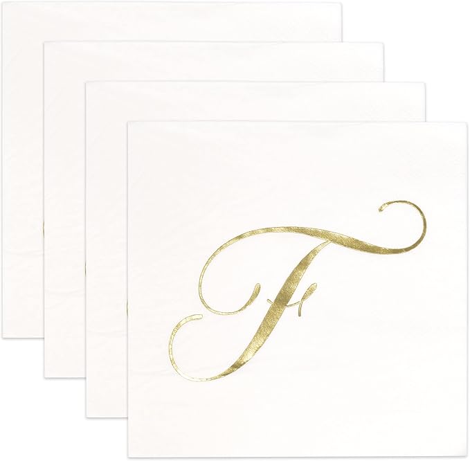100 Monogram Letter F Cocktail Napkins Gold Foil Initial Disposable Paper Elegant Personalized Beverage Napkins Wedding Party Tableware