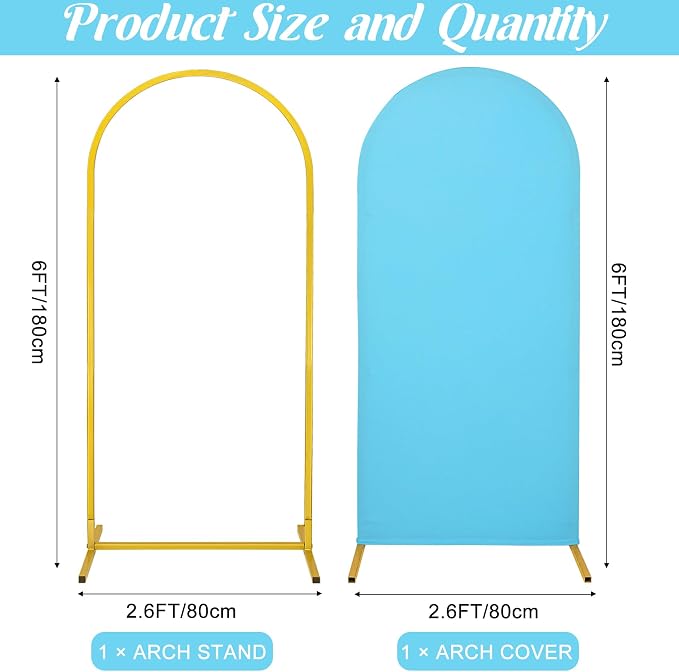 Metal Arch Stand and Cover Set,1 Blue Spandex Fitted Backdrop with 1 Gold Wedding Arched Stand Frame for Parties Birthday Baby Shower Bridal Banquet Decoration (6FT)