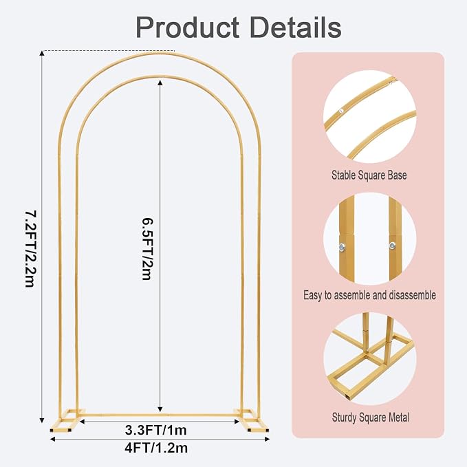 Metal Arch Backdrop Stand and Cover Set, 7.2ft Double U-Shaped Wedding Metal Arch Frame with 6.6FT White Cover, Double Backdrop Stand for Wedding Baby Shower Birthday Graduation Party Photo Backdrops