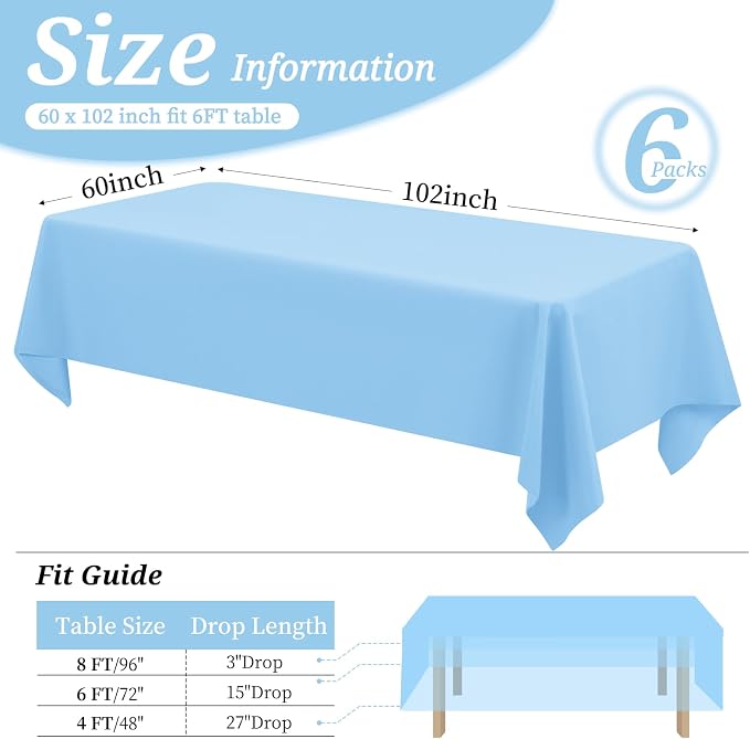 YMHPRIDE 6 Pack Light Blue Tablecloth 60 x102 inch Polyester Table Cloth for 6 Foot Rectangle Tables, Stain and Wrinkle Resistant Washable Fabric Polyester Table Covers for Wedding Party Banquet