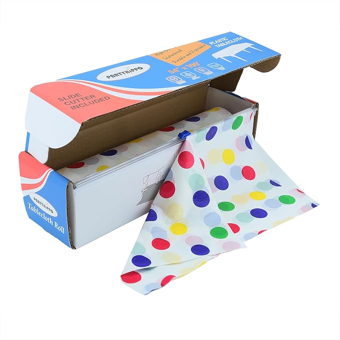 Plastic Tablecloth Roll – 54" x 100' Plastic Tablecloths for Parties Disposable with Cutter Box - Cut to Size Disposable Tablecloth for Rectangle & Round (Colorful Dots)