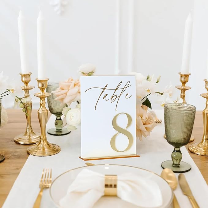 Acrylic Wedding Table Numbers 1-15 with Stands, 5"x7" White Acrylic Signs with 3D Gold Mirror Numbers, White and Gold 3D Table Numbers for Wedding Reception, Anniversary, Event