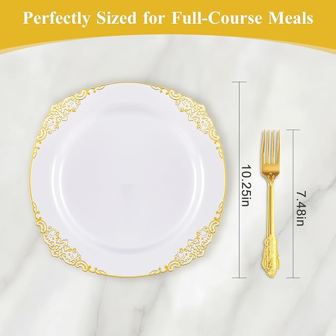 Goodluck 100PCS White and Gold Plastic Plates – 10.25” Heavy Duty Disposable Dinner Plates & Party Plates for Weddings, Parties, Events – Elegant, Sturdy