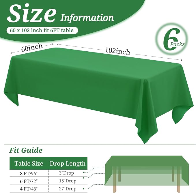 6 Pack Tablecloth 60 x 102 inch Polyester Table Cloth for 6 Foot Rectangle Tables,Stain and Wrinkle Resistant Washable Fabric Table Covers Polyester Green Table Clothes for Wedding,Party,Banquet