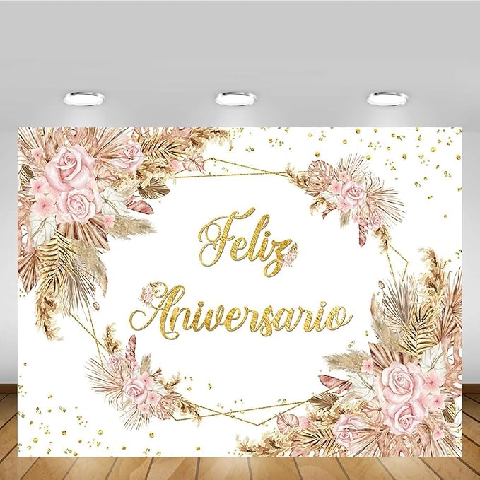 MEHOFOND 10x7ft Boho Feliz Aniversario Backdrop Mr and Mrs Engagement Banner Bohemia Happy Anniversary Wedding Valentines Decorations Blush Pink Floral Photography Background Studio Props