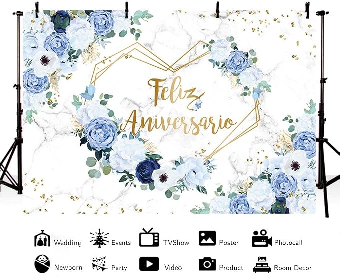 MEHOFOND 10x7ft Feliz Aniversario Backdrop Blue White Floral Wedding Anniversary Photography Background Hearts Geometric Couple Wedding Women Birthday Party Cake Smash Decor Studio Photo Props