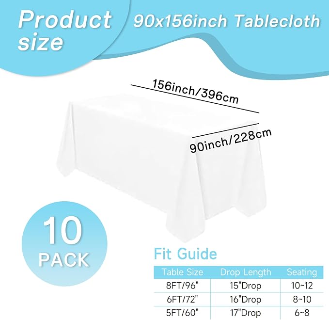 10 Pack White Tablecloth 90x156 Inch Rectangle Tablecloth Rectangular Polyester Table Cloth Stain and Wrinkle Resistant Washable Fabric Table Covers for Wedding Parties