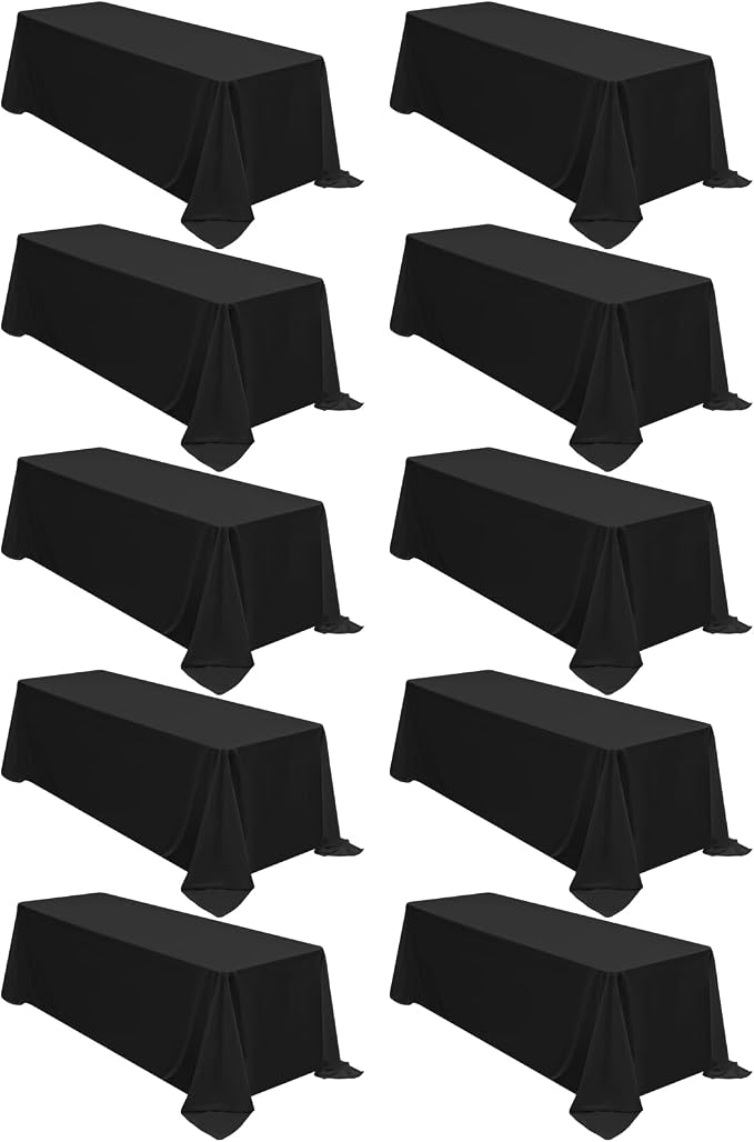 10 Packs 90 x 132 Inch Tablecloth, Black Polyester Table Cloth for 6ft Rectangle Tables, Stain and Wrinkle Resistant Washable Fabric Table Cover for Wedding Banquets Parties Buffet Dining Table