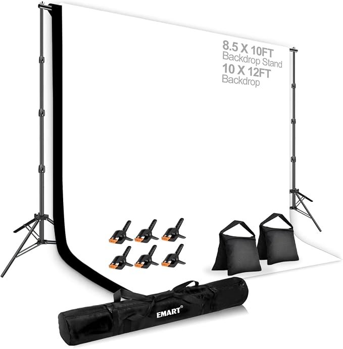 EMART 8.5 x 10ft Background Support System,Professional Photo Backdrop Stand kit with 10 x 12 ft Polyester Backdrop (White,Black),Clamp,Carry Bag for Parties,Photography,Decoration, Video Shooting