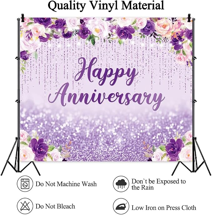 10x8ft Happy Anniversary Backdrop, Floral Glitter Backdrop for Women Wedding Anniversary Decoration Violet and Pink Flowers Photography Background Cake Table Banner Party Decor