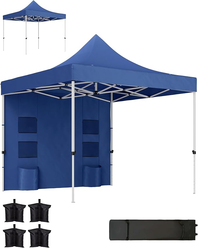 Outsunny 10' x 10' Heavy Duty Pop Up Canopy Tent with Sidewall and Trash Bags, UPF50+ Instant Sun Shelter, Height Adjustable, with Wheeled Bag, Sand Bags for Outdoor, Patio, Dark Blue