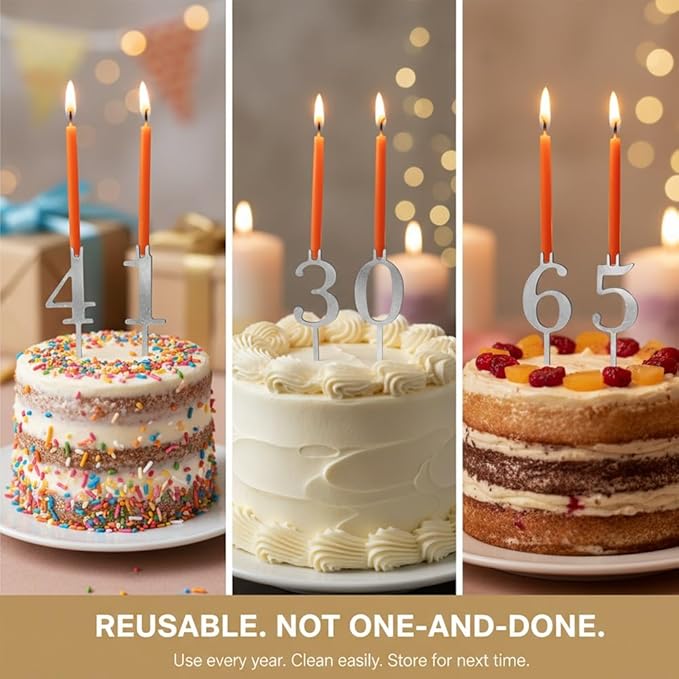 Reusable Number Birthday Candle Holder Set, Digital Birthday Cake Candle Holders Set, Silver Cake Topper Decorations, Adjustable Candles Stand, Party Cakes Accessories(1set)