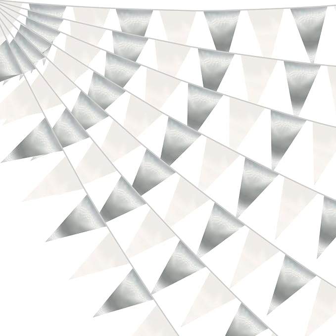 130FT White Silver Triangle Pennant Banner Flag Metallic Fabric Bunting Garland for Christmas Graduation Birthday Wedding Bridal Shower Nautical Ahoy Achor Theme Party Decorations Supplies
