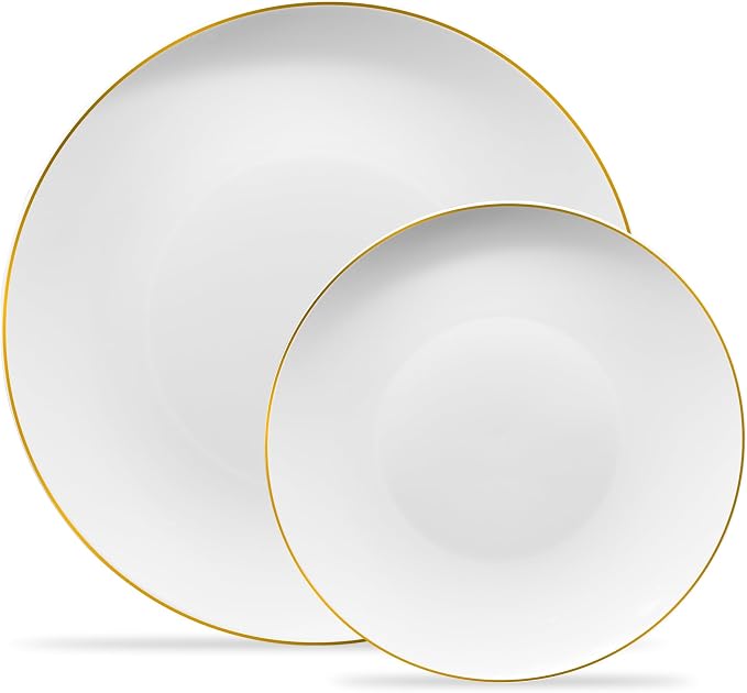 PLASTICPRO 64 Piece Combo Plates Set includes 32 7'' inch Plates & 32 10'' inch Plates White Plastic Organic Party Plates With Gold Rim, Premium heavyweight Elegant, Tableware, Dishes,