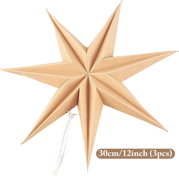 Christmas 3PCS 12inch 7-Pointed Wood Brown Paper Star Hanging Decoration Set Holiday Decor Stars Shape Landerne for Birthday Party Tree Xmas Home Decor