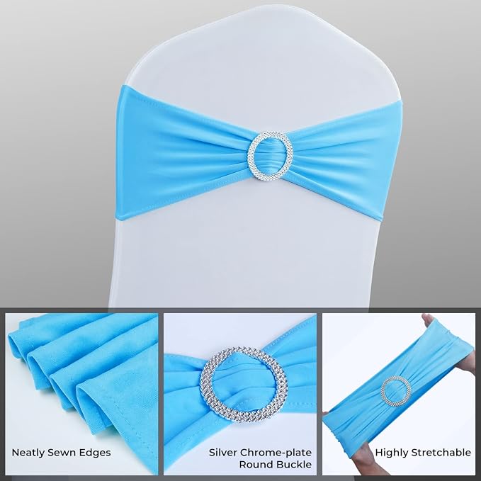 Babenest Spandex Chair Sashes Bows 50PCS Premium Stretch Chair Cover Band with Buckle Slider Universal Elastic Chair Ties for Wedding Party Ceremony Reception Banquet Decoration (Sky Bule)