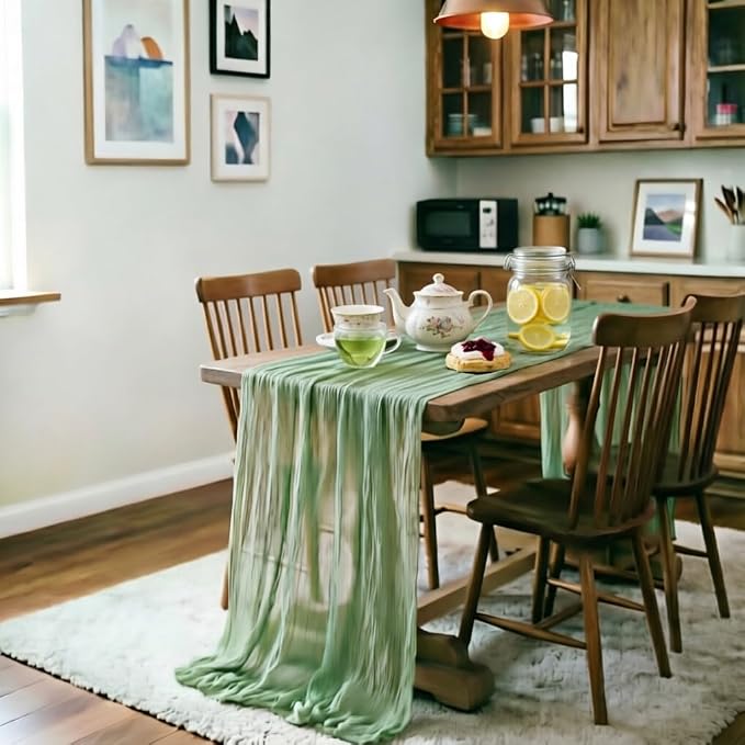 LINXTAR Sage Green Cheesecloth Table Runner 120 Inches 10Ft Gauze Summer Boho Table Runner for Wedding Tea Party Baby Shower Bridal Birthday Home Decoration