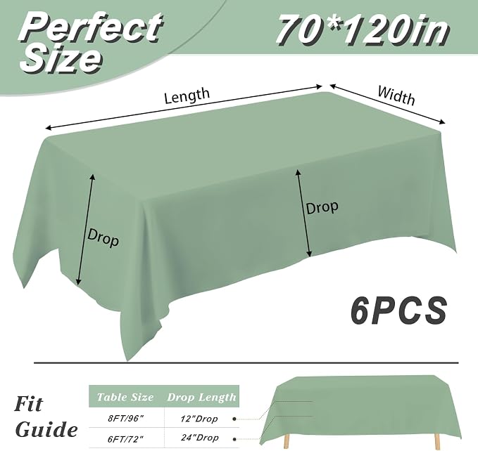 Fixwal 6 Pack Sage Green 70 x 120 Inch Rectangle Tablecloths, Reusable Washable Polyester Table Covers, Stain and Wrinkle Resistant for 6-8 Ft Tables, Wedding, Baby Shower