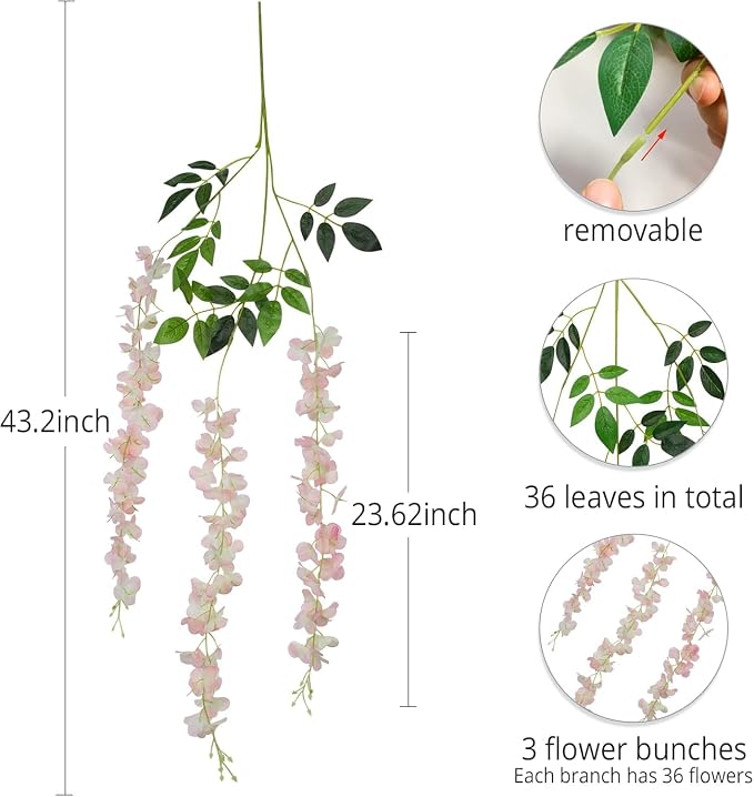 48 Pack Artificial Wisteria Hanging Flowers Fake Wisteria Flower Garland Silk Vines Rattan Decor for Home Wedding Arch Wall Garden Greenery Bedroom Outdoor Office Party Decoration (Light Pink)