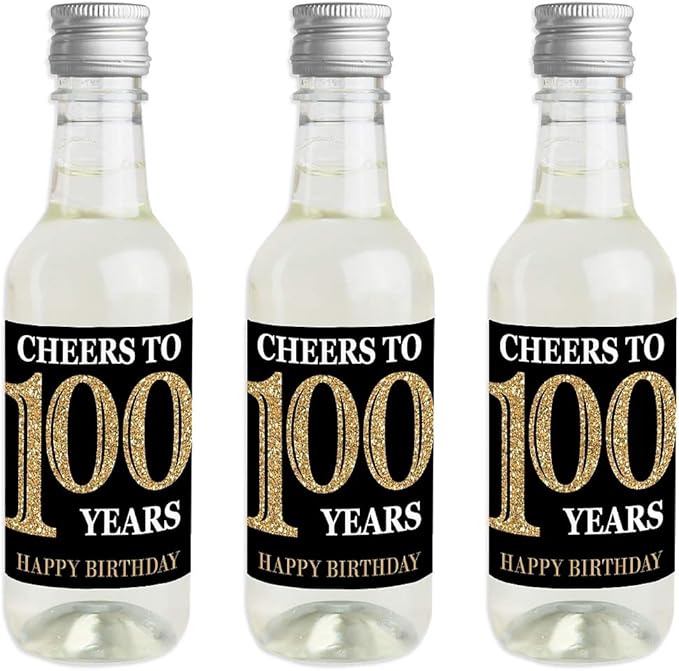 Big Dot of Happiness Adult 100th Birthday - Gold - Mini Wine and Champagne Bottle Label Stickers - Birthday Party Favor Gift for Women and Men - Set of 16