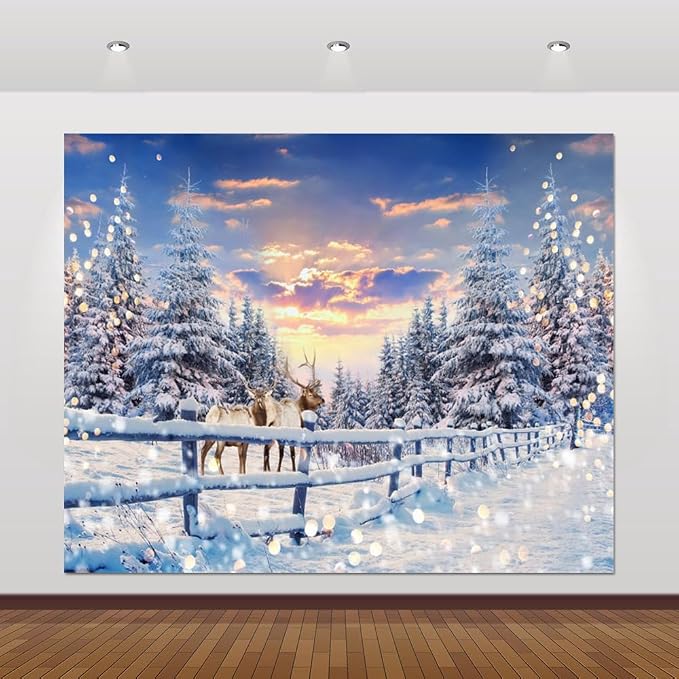 Winter Wonderland Christmas Backdrop 10x8ft for Photography Forest Reindeer Snow Winter Scene Backdrop for Pictures Christmas Party Holiday Background Decorations Photo Booth