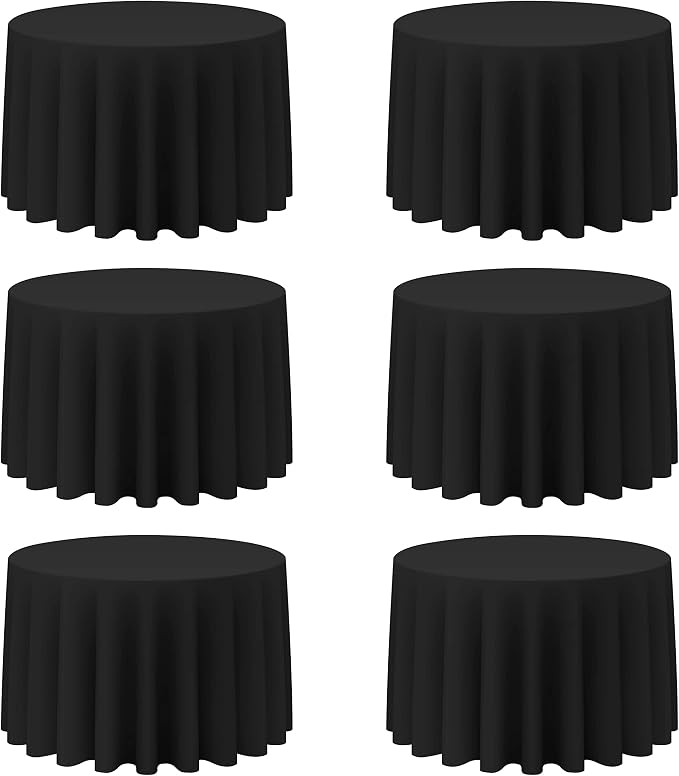 BRILLMAX 6 Pack Black Round Tablecloths 108 Inch for 48” Tables - 150 GSM Polyester Fabric, Floor Length Drop, Water, Stain & Wrinkle Resistant Cloth Cover for Wedding Reception Banquet Dining