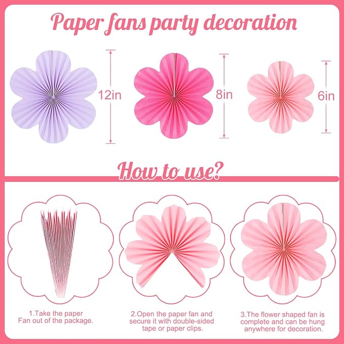 DODOKIM Paper Fans Party Decorations Paper Flowers Decorations for Wall Floral Backdrop Classroom Baby Shower Birthday Party Flower Wall Decor Pack of 18 Pink Purple