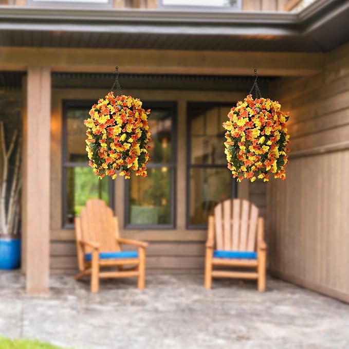 INQCMY Fake Flowers with Hanging Basket Realistic Artificial Begonias | Faux Plants UV Resistant for Outdoors Fall Decor, Silk Trailing Flower for Outside Windowsill Porch Patio Yard Planters
