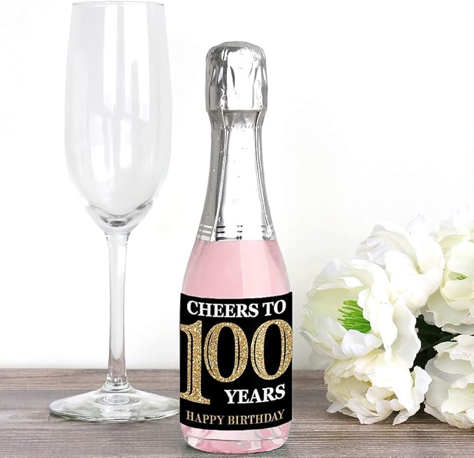 Big Dot of Happiness Adult 100th Birthday - Gold - Mini Wine and Champagne Bottle Label Stickers - Birthday Party Favor Gift for Women and Men - Set of 16