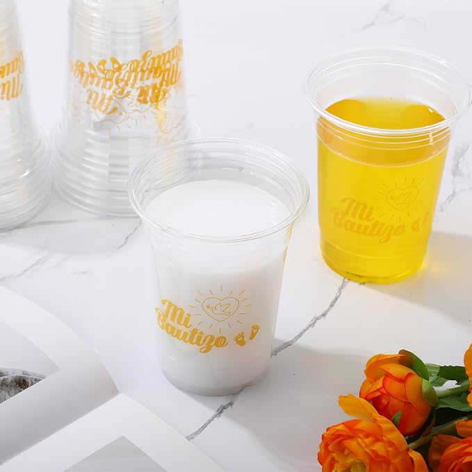 100 Pcs Spanish Baptism Plastic Cups 16 oz Gold Dove Mi Bautizo Cups for Spanish Baptism Decorations, Easter First Communion & Hispanic Baby Shower Party Supplies