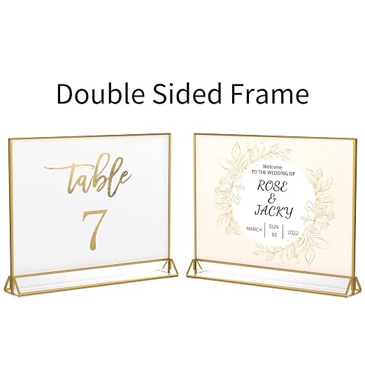 NIUBEE 6Pack 7 x 5 Horizontal Clear Acrylic Sign Holder with Gold Borders, Double Sided Table Menu Stands Picture Frames for Wedding Table Numbers, Restaurant Signs, Photos and Art Display