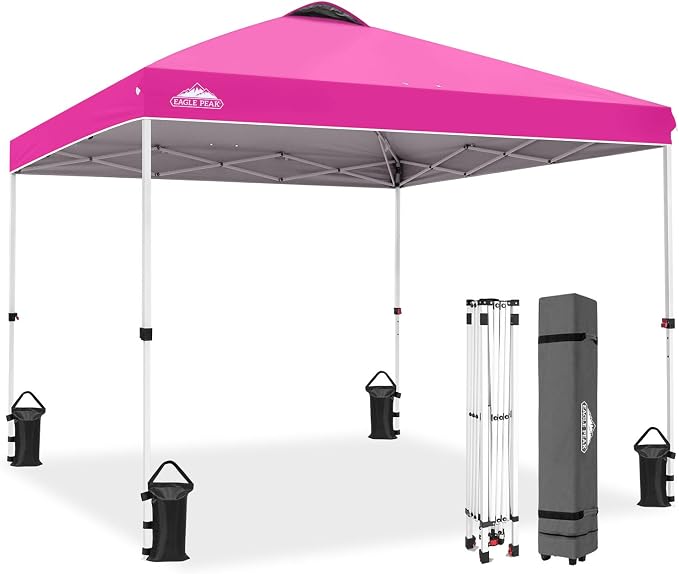 EAGLE PEAK Pop Up Canopy Tent with Wheeled Carry Bag, 8 Stakes, 4 Ropes, 4 Weight Bags, Easy Set Up Tent Canopy, 10x10 ft, 100sqft of Shade, Pink