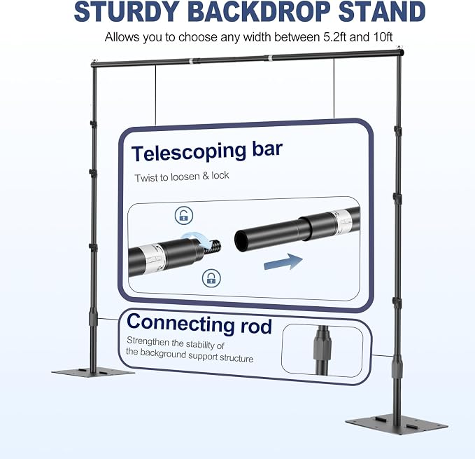 EMART Backdrop Stand,10x10ft(WxH) Adjustable Photo Background Stand with Upgrade Rod,Heavy Duty Flat Base,Metal Pipe and Drape Frame for Wedding,Birthday Party,Event Decorations,Trade Displays