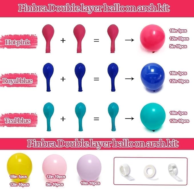 Hot Pink Blue Yellow Balloon Garland, Double Stuffed Royal Blue Teal Lavender Balloons Pastel Balloon Arch Kit for Tropical Hawaii Graduation Birthday Baby Shower Party Decorations