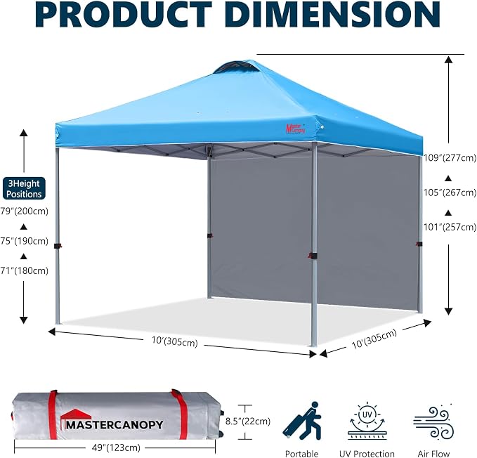 MASTERCANOPY 10x10 Pop Up Canopy Tent with 1 Sidewall, 1 Person Setup Instant Shelter, Outdoor Portable Beach Canopy, 1 Roller Bag, 4 Sandbags, 4 Ropes, 8 Stakes (10x10, Sky Blue)